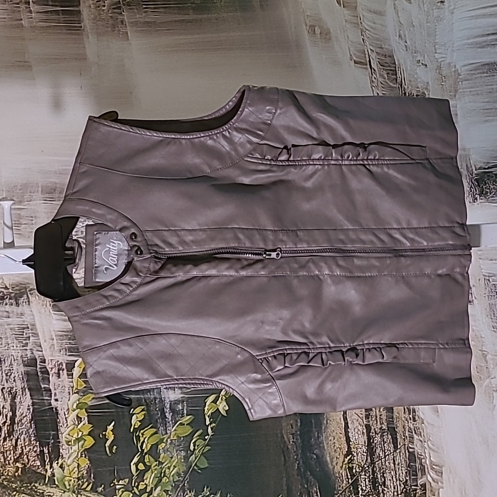 Vanity Womens large gray zip up faux leather lace ruffled vintage vest
